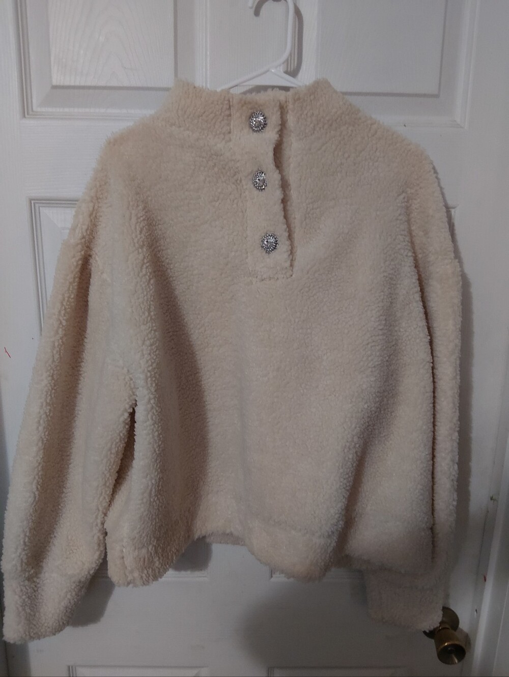 Express Cream Sherpa Pullover with Decorative Buttons